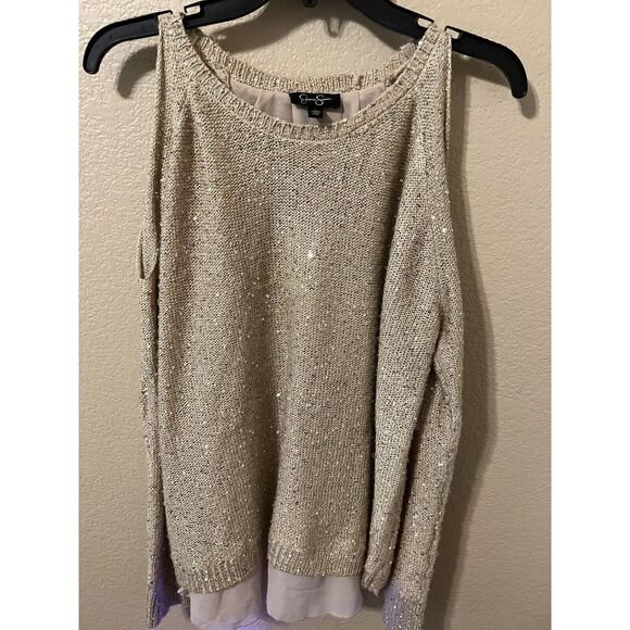 $80 Jessica Simpson Keyhole Blouse Back Sweater Top Large Gold Sequin J29 - Picture 1 of 5